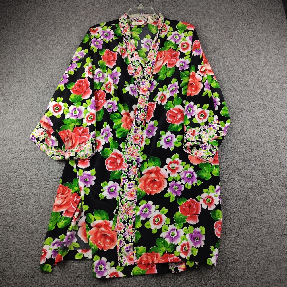 VTG Victorias Secret Gold Label Floral Robe Black Red Rose One Size OSFM